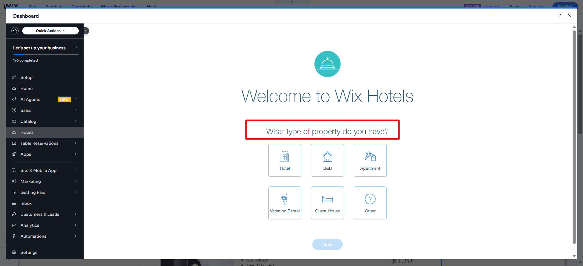 screenshot of Wix Hotels site type settings