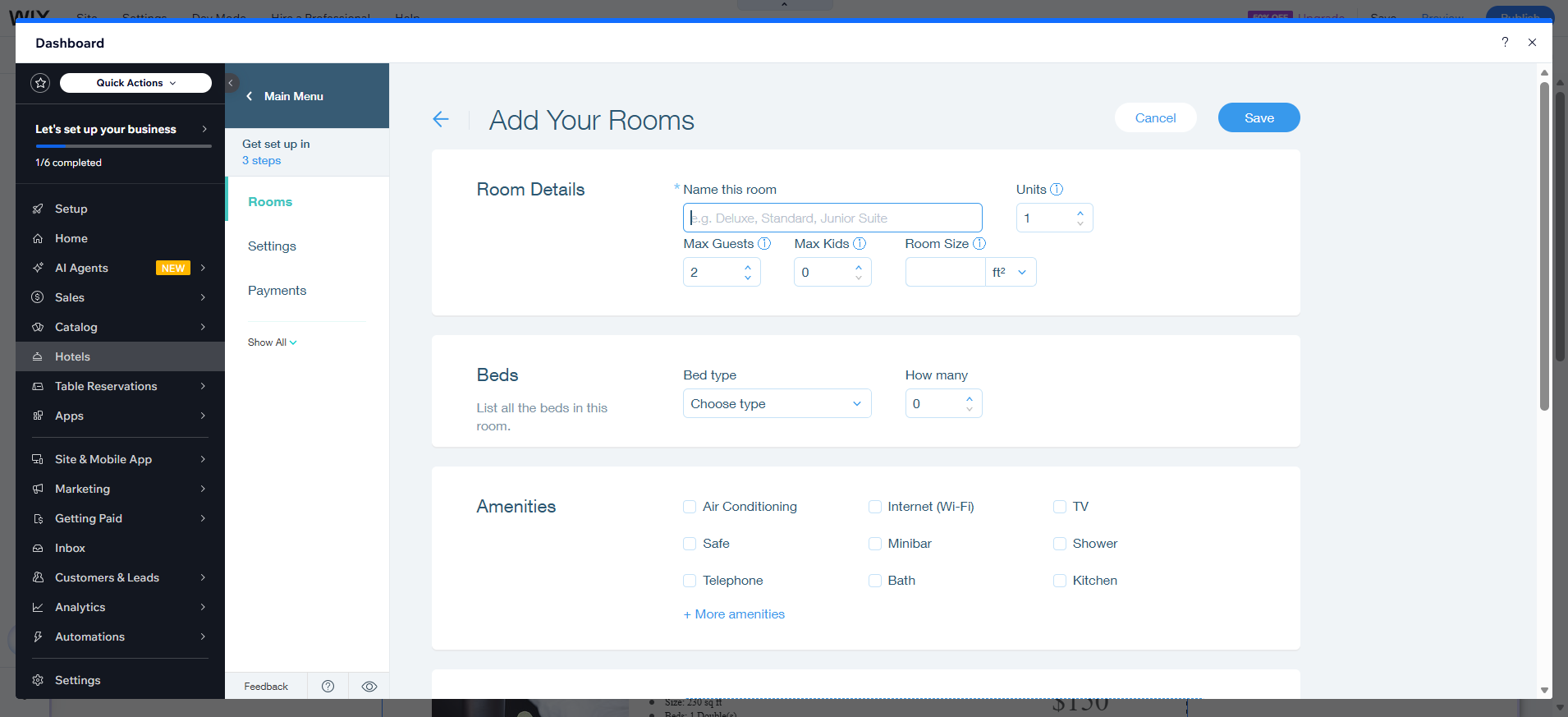 screenshot of Wix Hotels Rooms setup