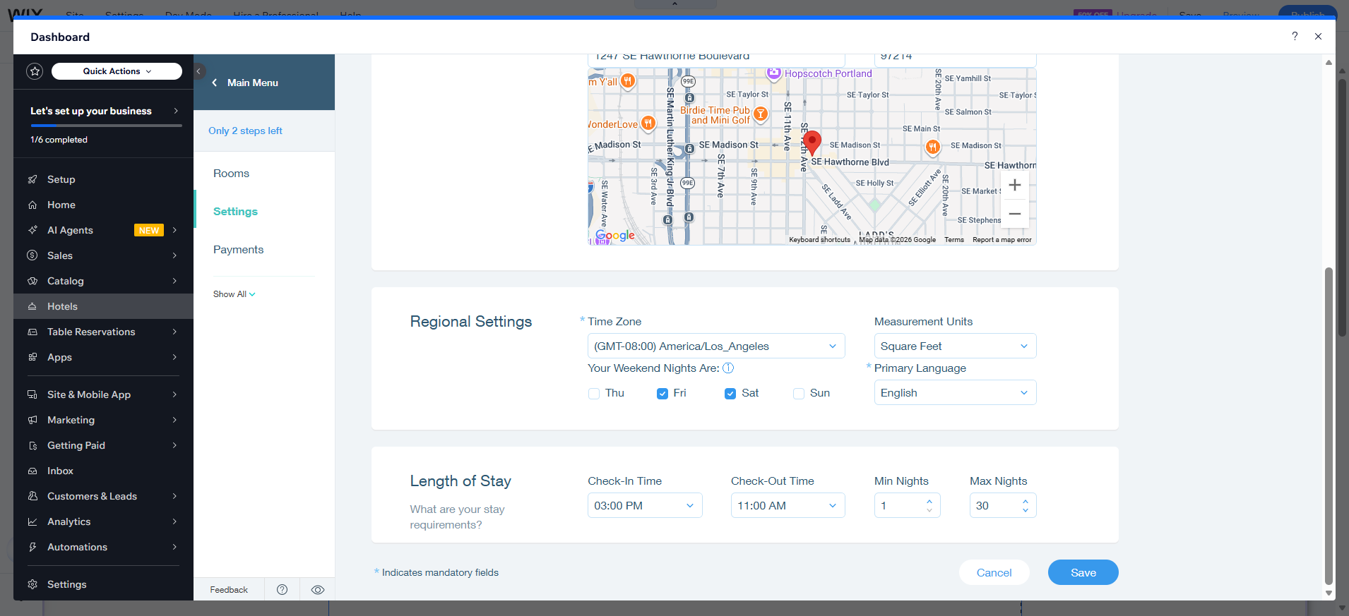 screenshot of Hotel Regional Settings
