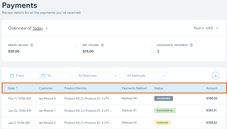 screenshot of Wix dashboard Payments page