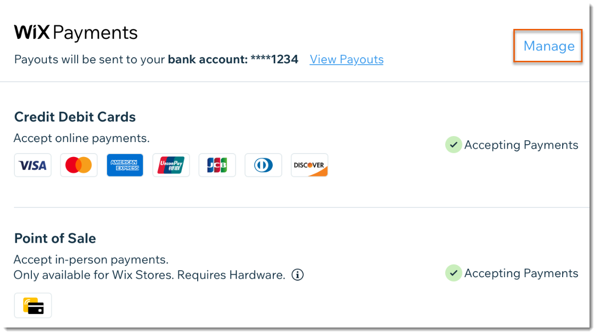screenshot of Wix dashboard Payments settings