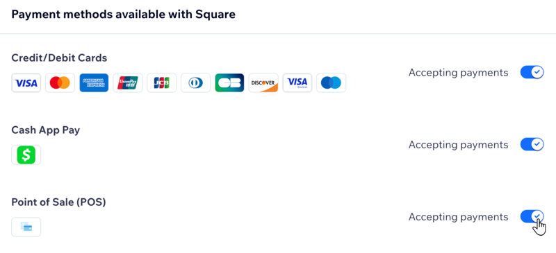 screenshot of Payment Methods available with Square