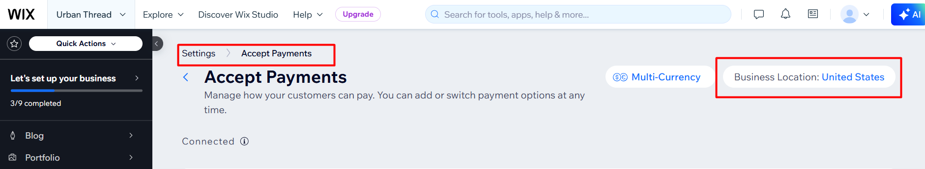 screenshot of Wix Dashboard 'Accept Payments' menu