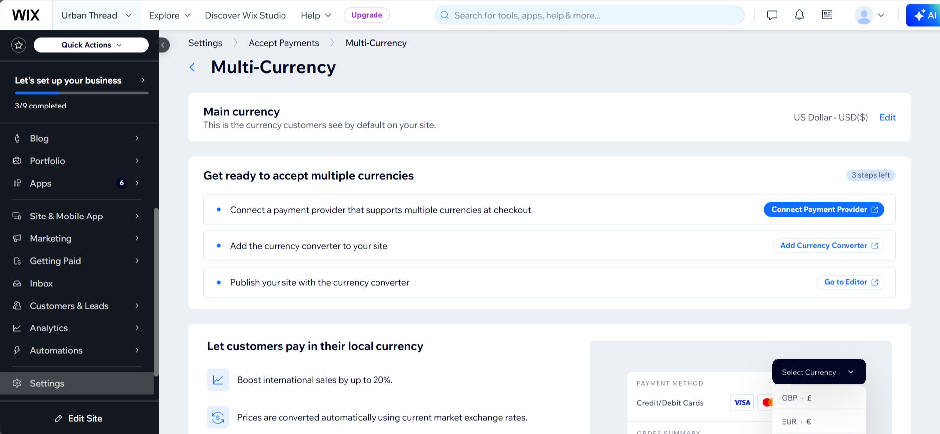 screenshot of Wix Dashboard Multi-Currency page