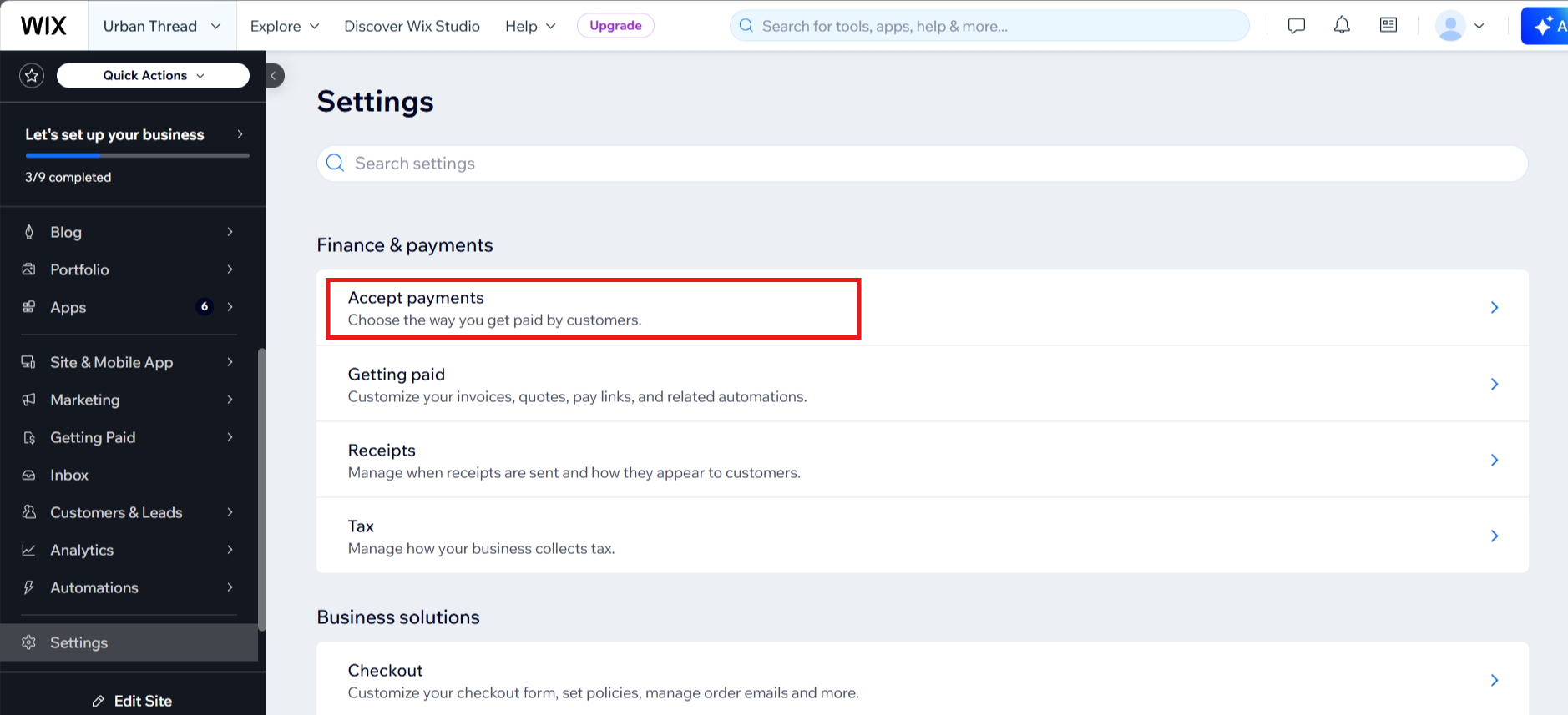 screenshot of Wix Dashboard 'Accept Payments' button
