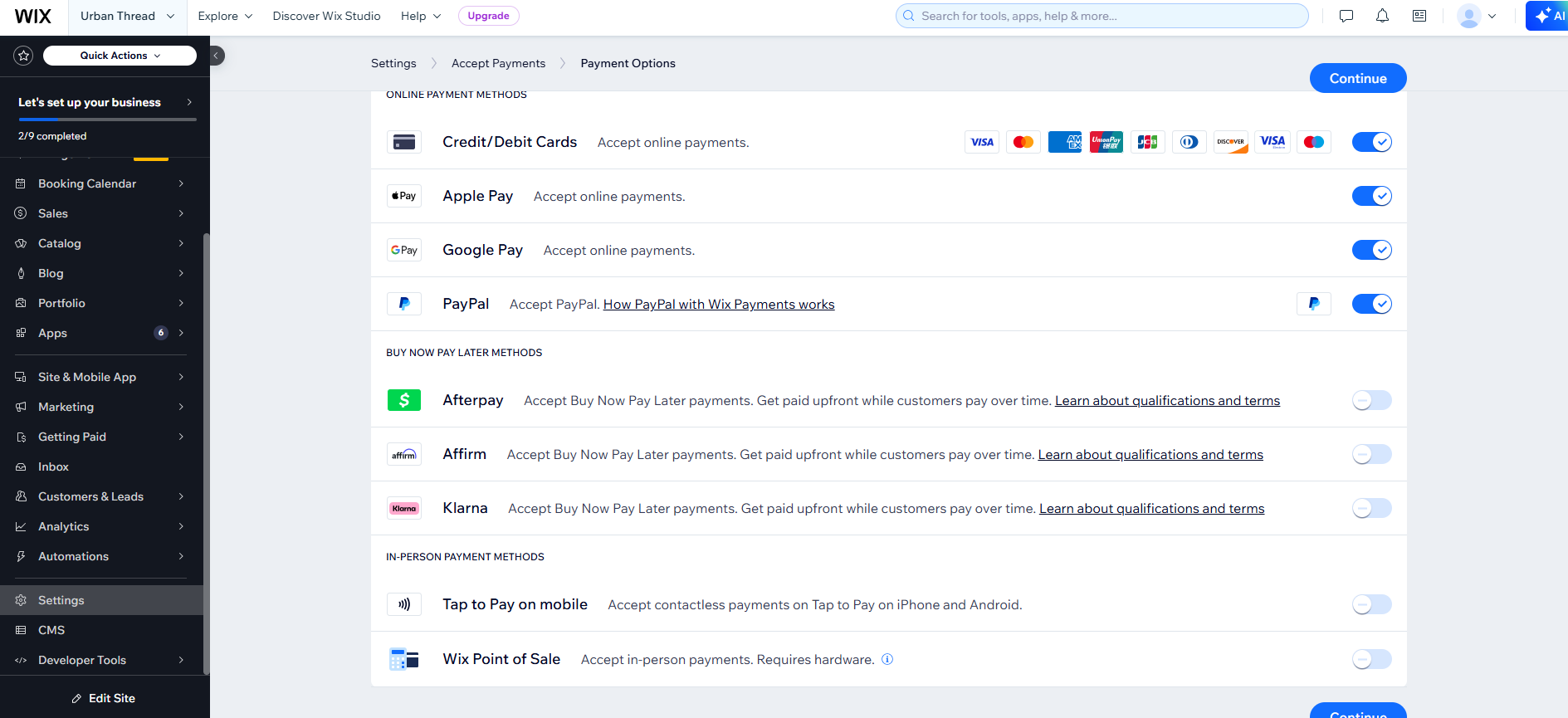 screenshot of Wix Payment Options