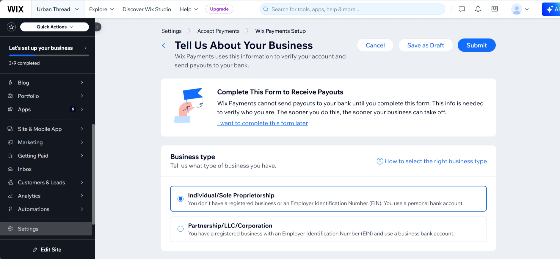 screenshot of Business types