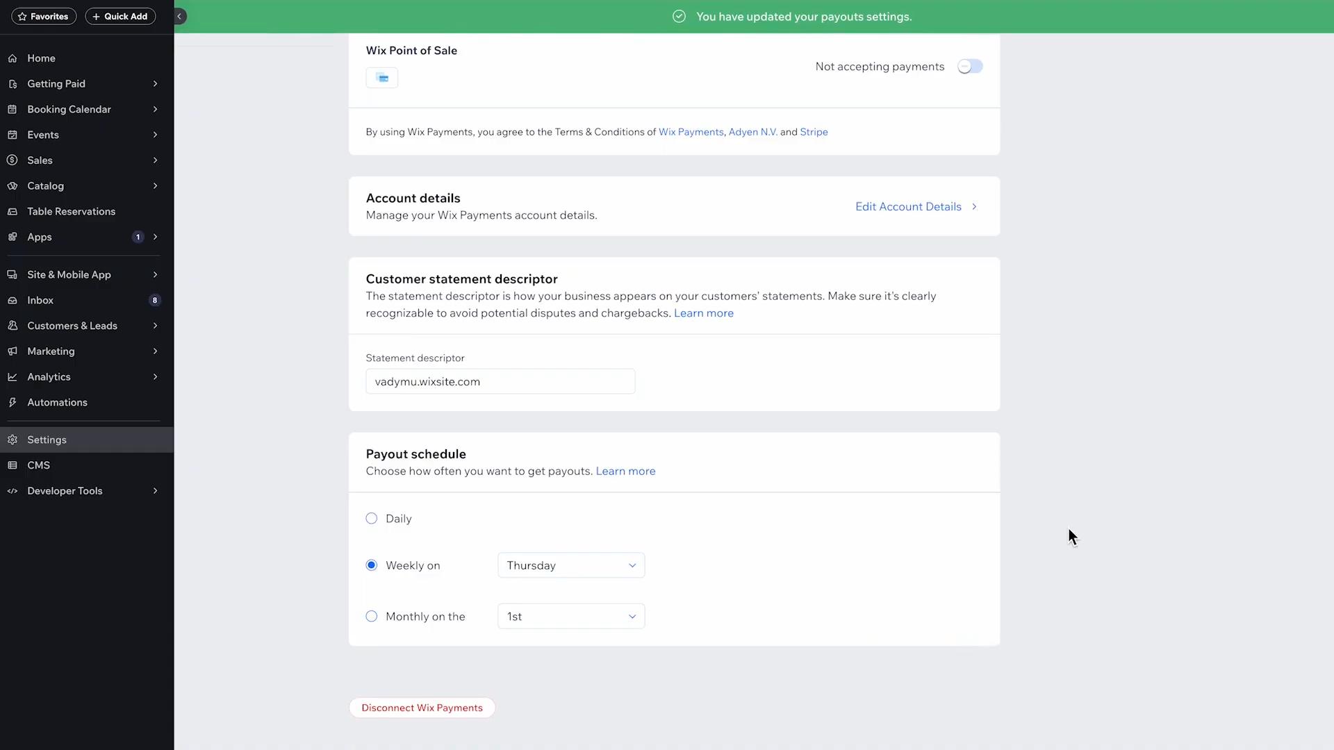 screenshot of Payout settings