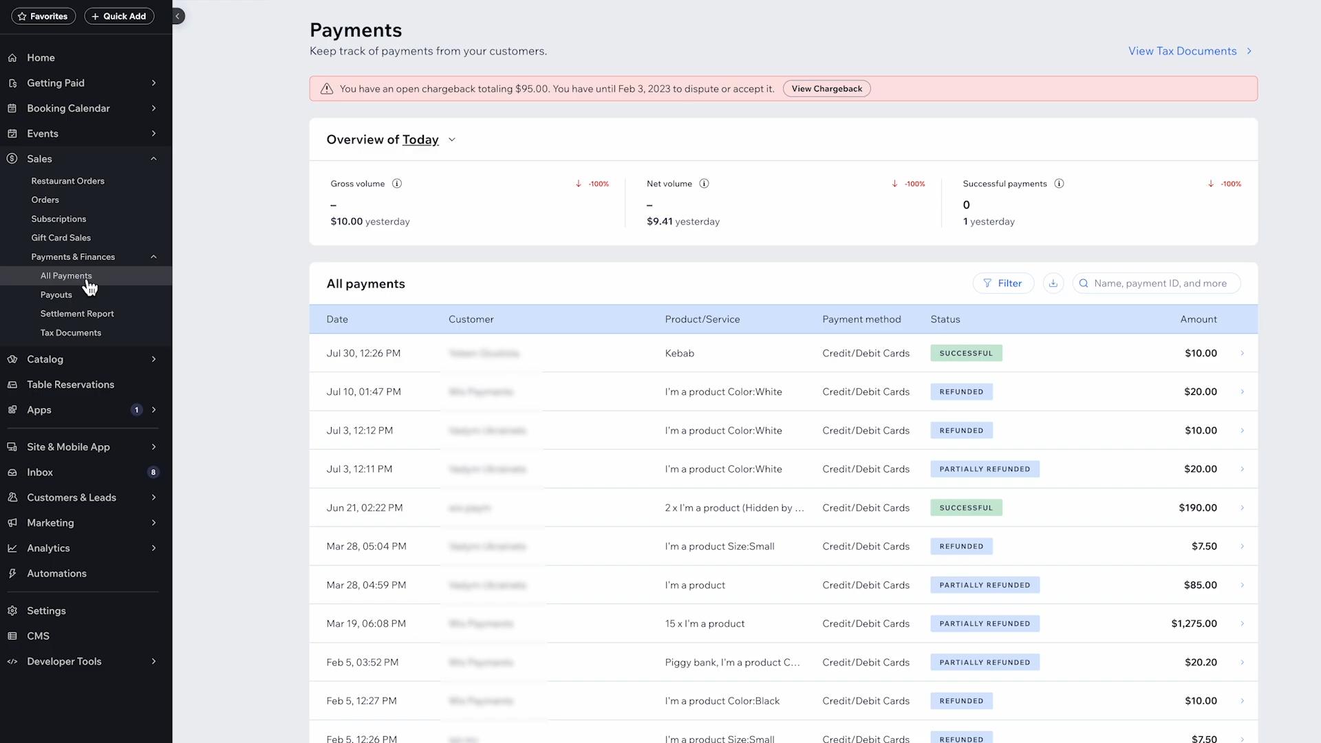 screenshot of Wix Dashboard Payments page