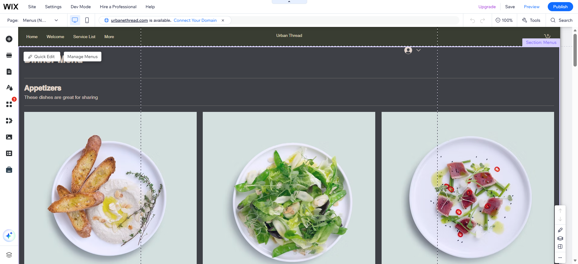 screenshot of Wix Restaurants template