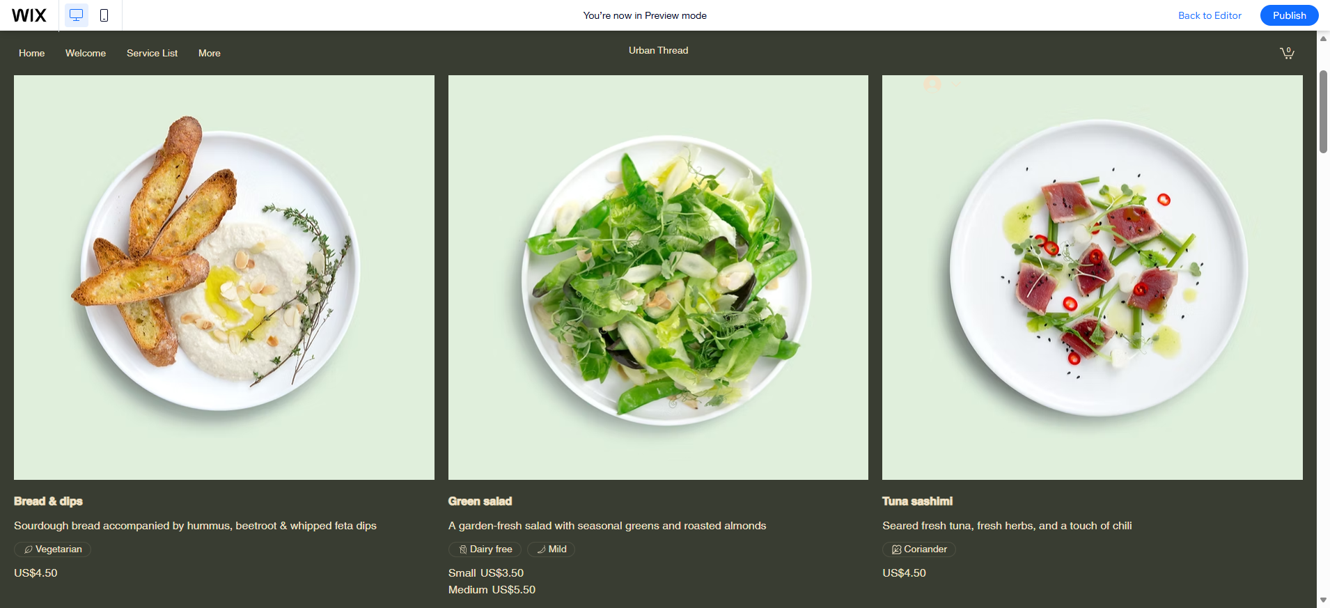 screenshot of Wix Restaurants preview options