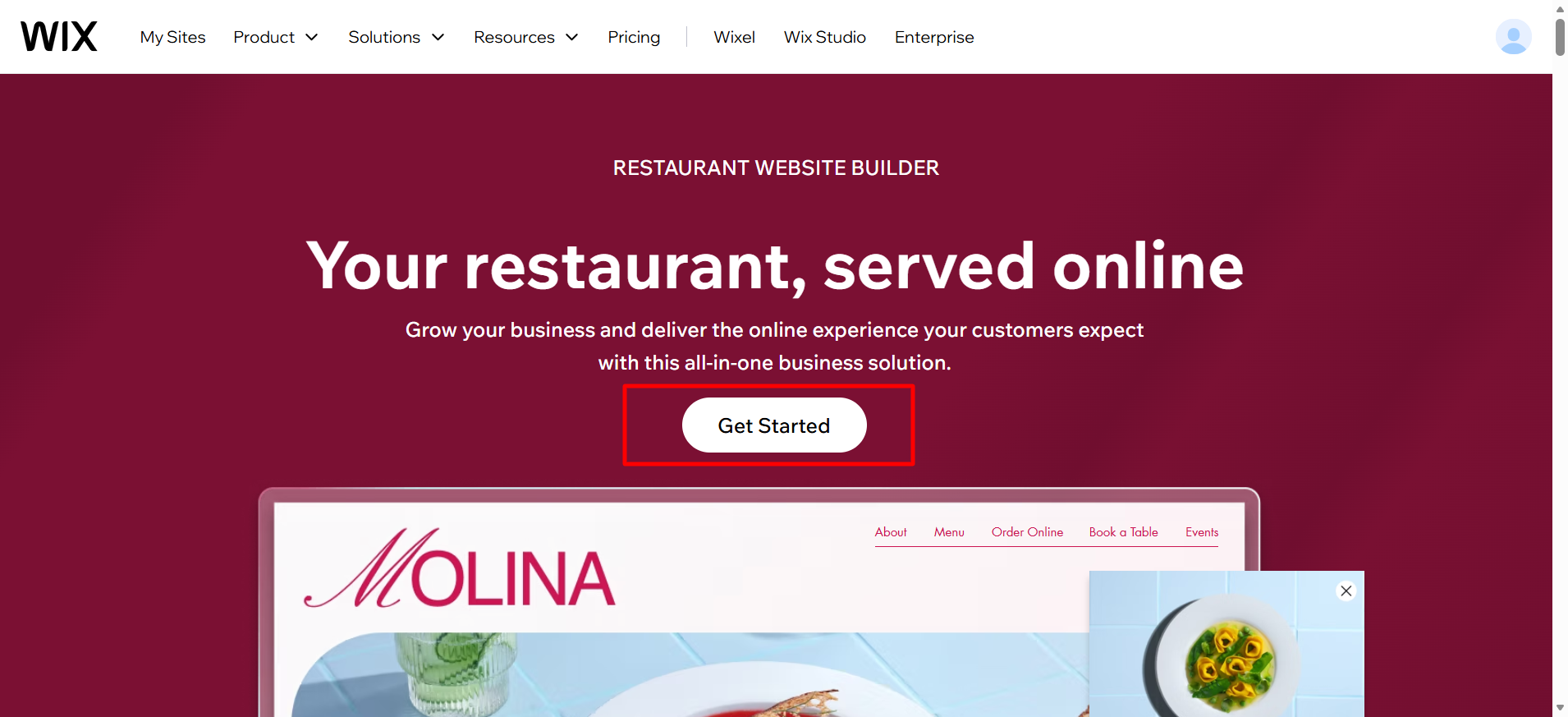 screenshot of Wix Restaurants page 'Get Started' button
