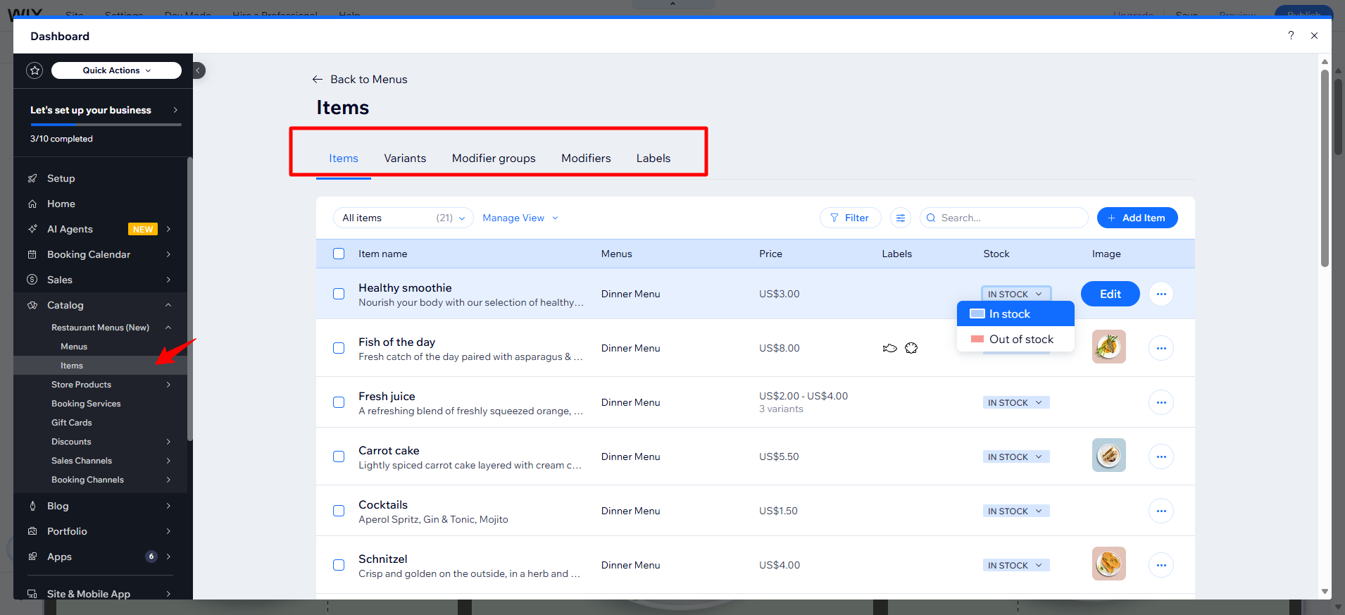 screenshot of Wix Dashboard 'Catalog Items' top nav bar