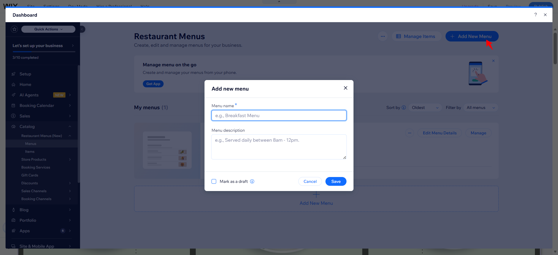 screenshot of Wix Dashboard 'Add New menu' panel