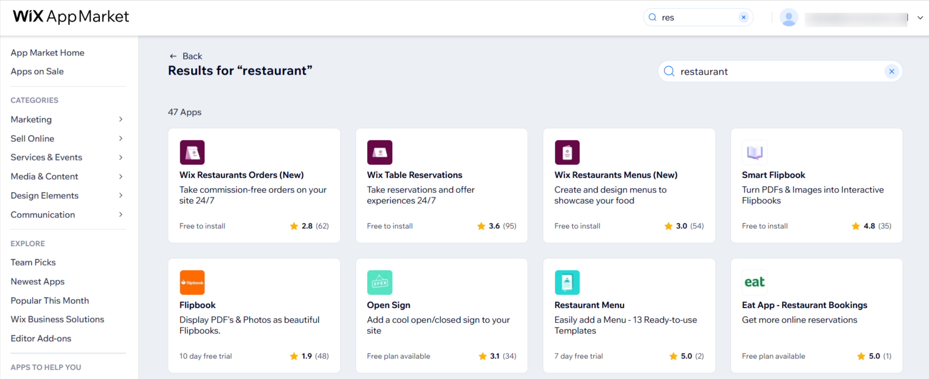 screenshot of Wix AppMarket page