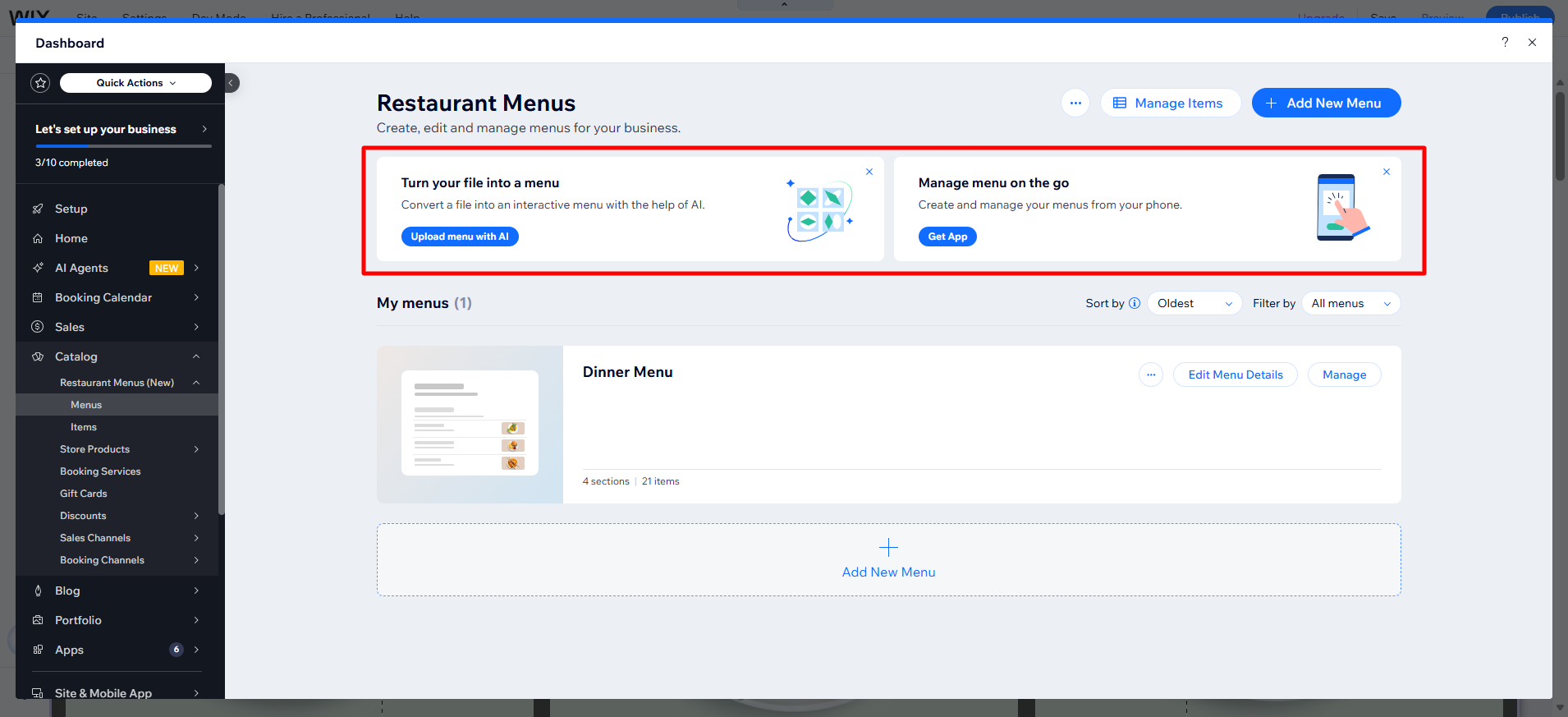 screenshot of Wix Dashboard 'Restaurant menus' panel