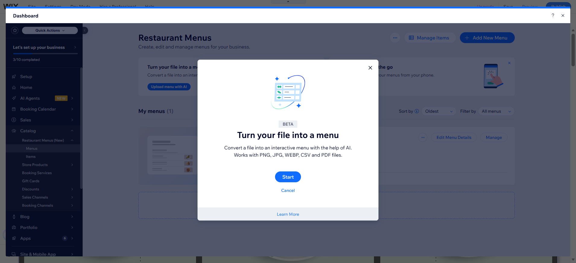 screenshot of Wix Dashboard AI Assistant
