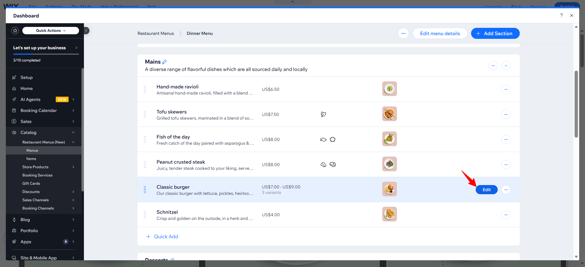 screenshot of Wix Dashboard Restaurant menu editor