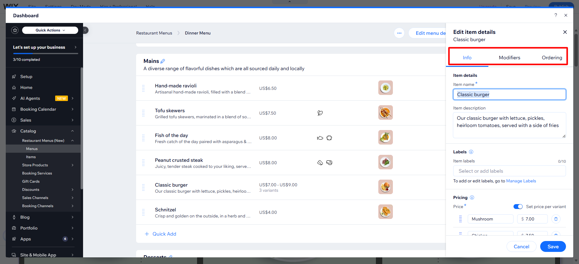 screenshot of Wix Dashboard 'Edit Items' panel