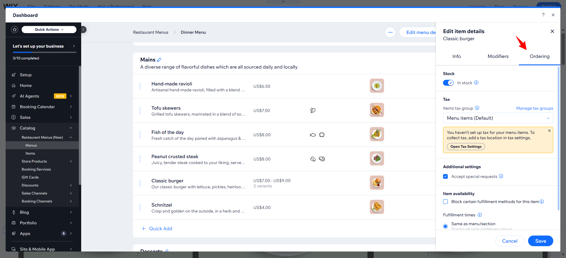 screenshot of Wix Dashboard 'Edit Items' panel 'Ordering' tab