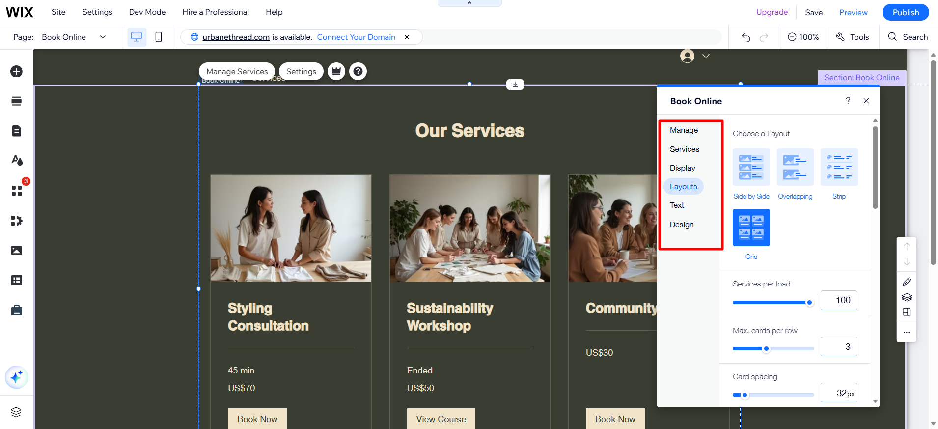 screenshot of Wix Dashboard 'Book Online' panel