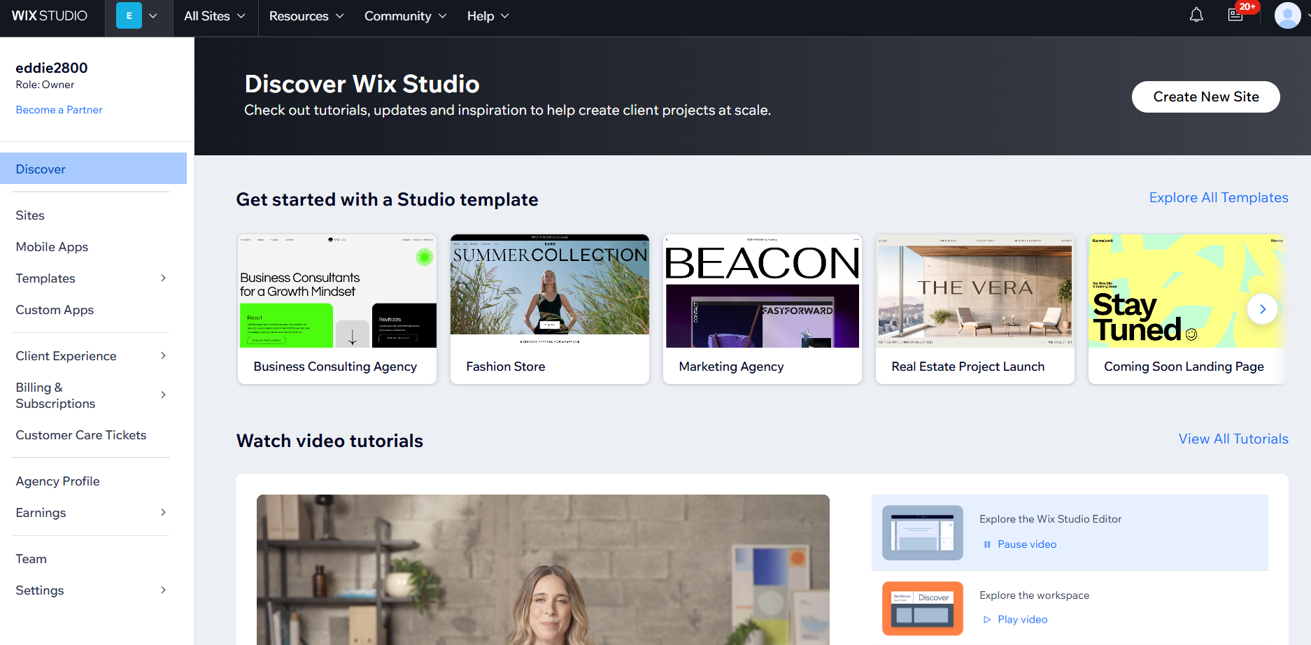 screenshot of WIX Studio dashboard