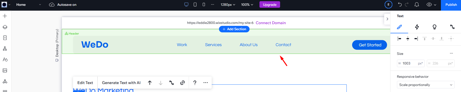screenshot of WIX Studio project 'Contact' button