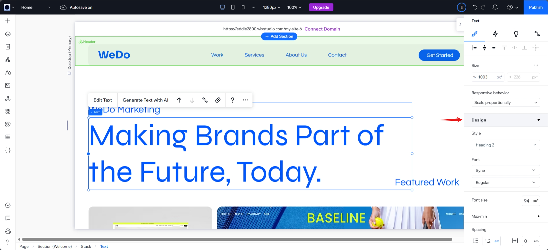 screenshot of WIX Studio project Design menu