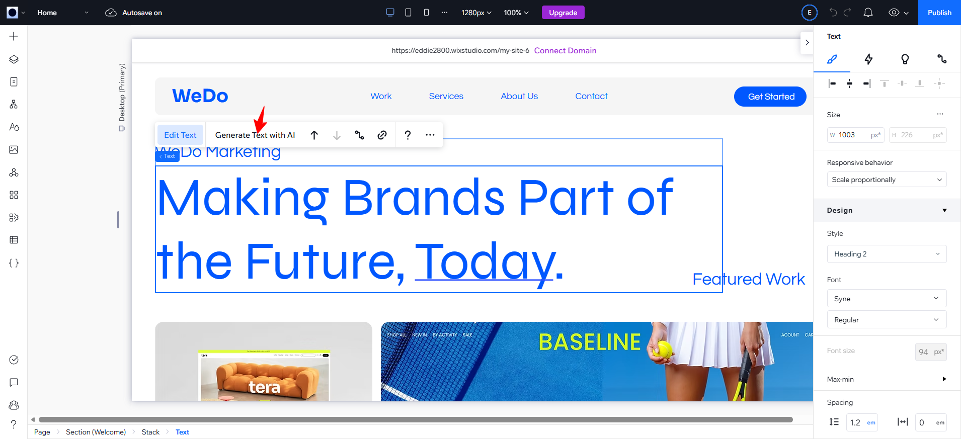 screenshot of WIX Studio Text editor