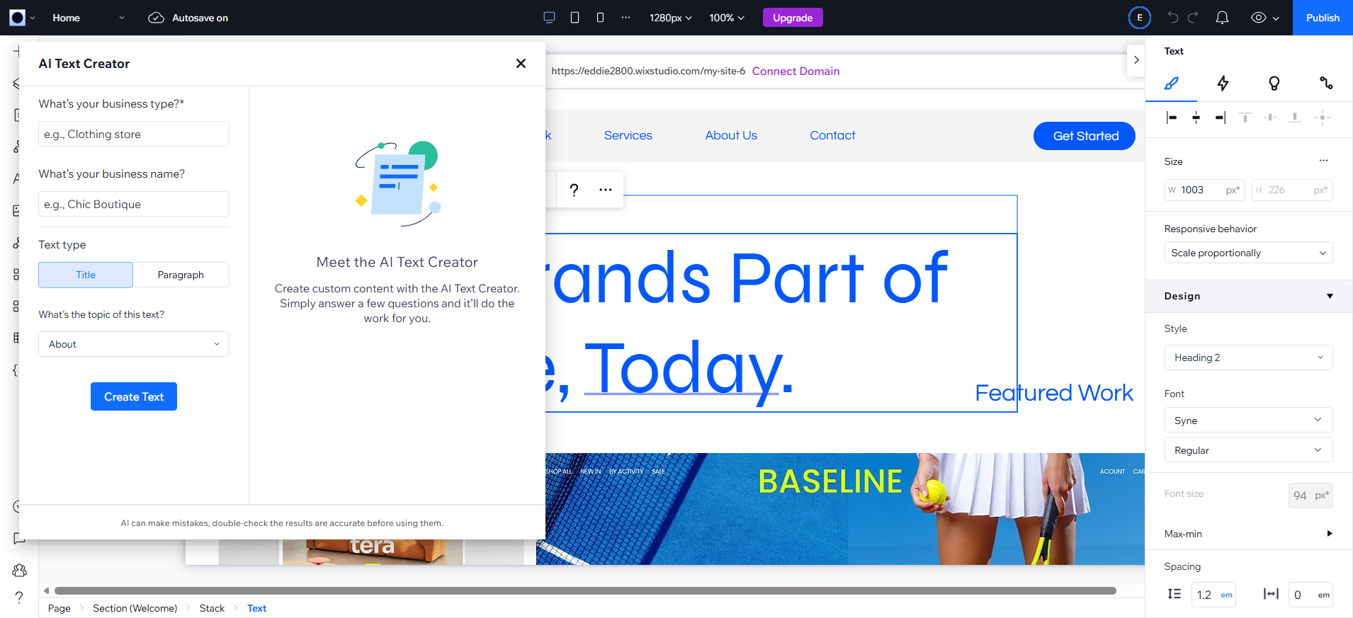 screenshot of WIX Studio AI text Creator
