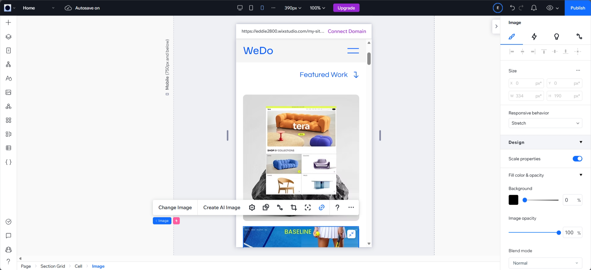 screenshot of WIX Studio Image menu