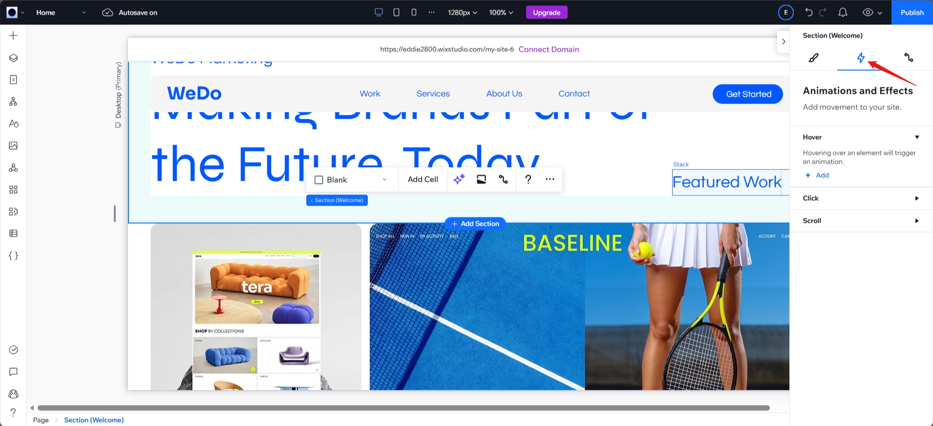 screenshot of WIX Studio Animation and Effects menu