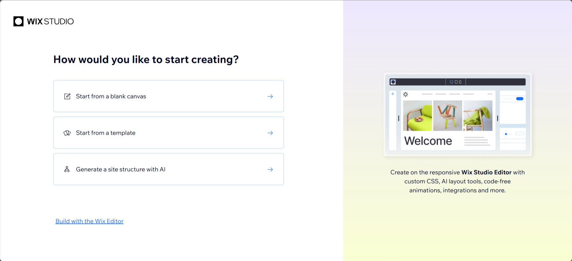 screenshot of WIX Studio start window