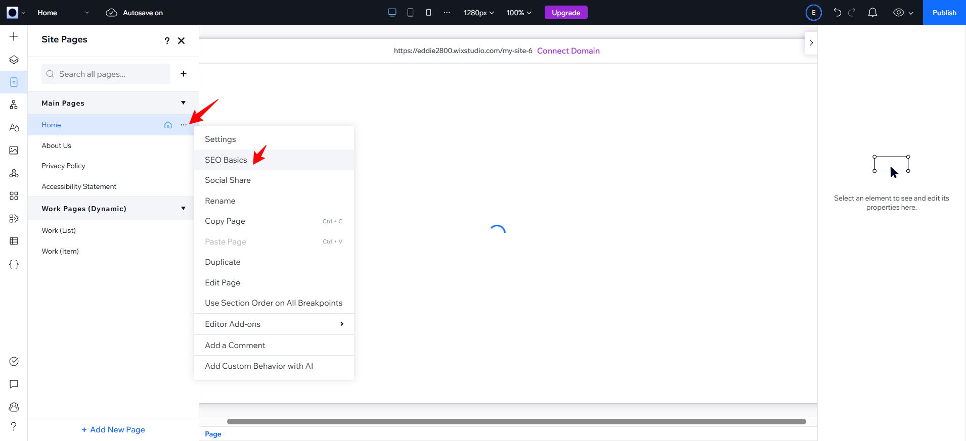 screenshot of WIX Studio Home Page SEO Settings 