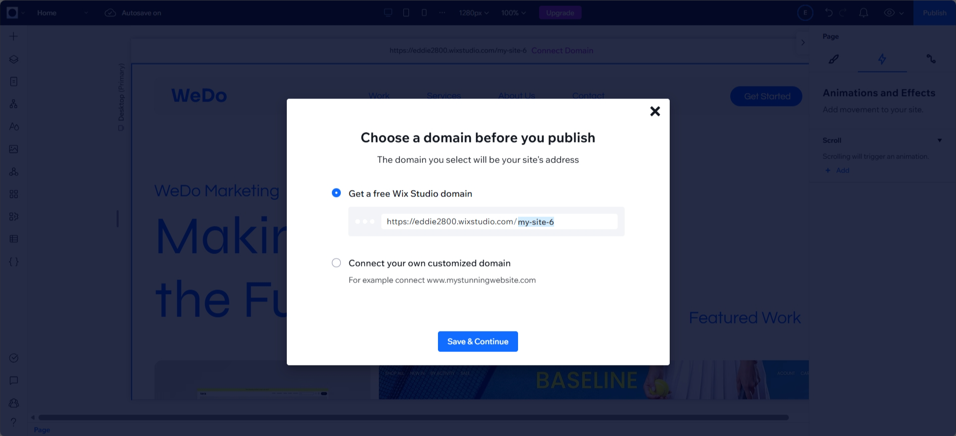 screenshot of WIX Studio Domain settings