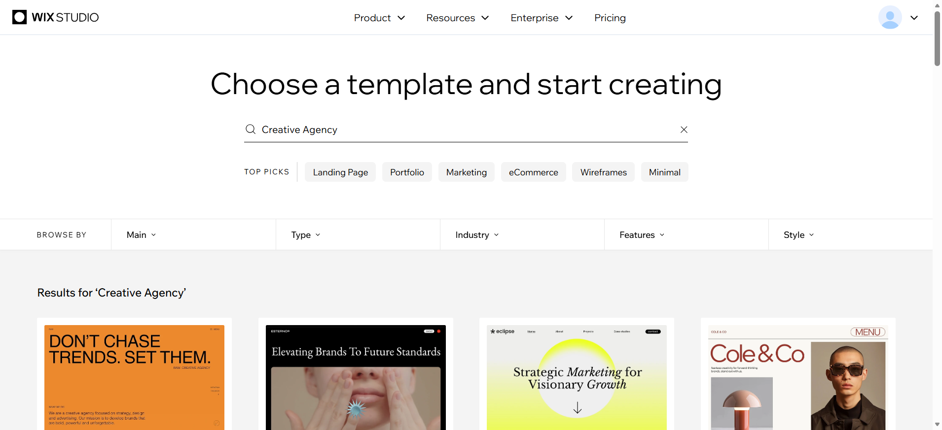 screenshot of WIX Studio templates