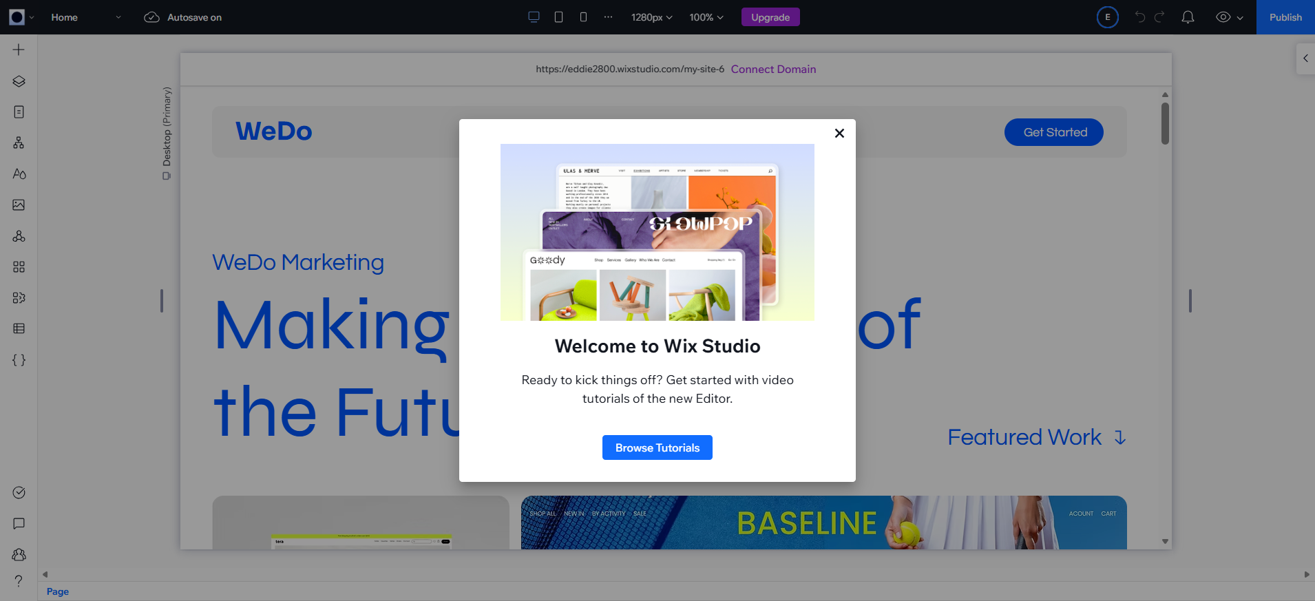 screenshot of WIX Studio Welcome window