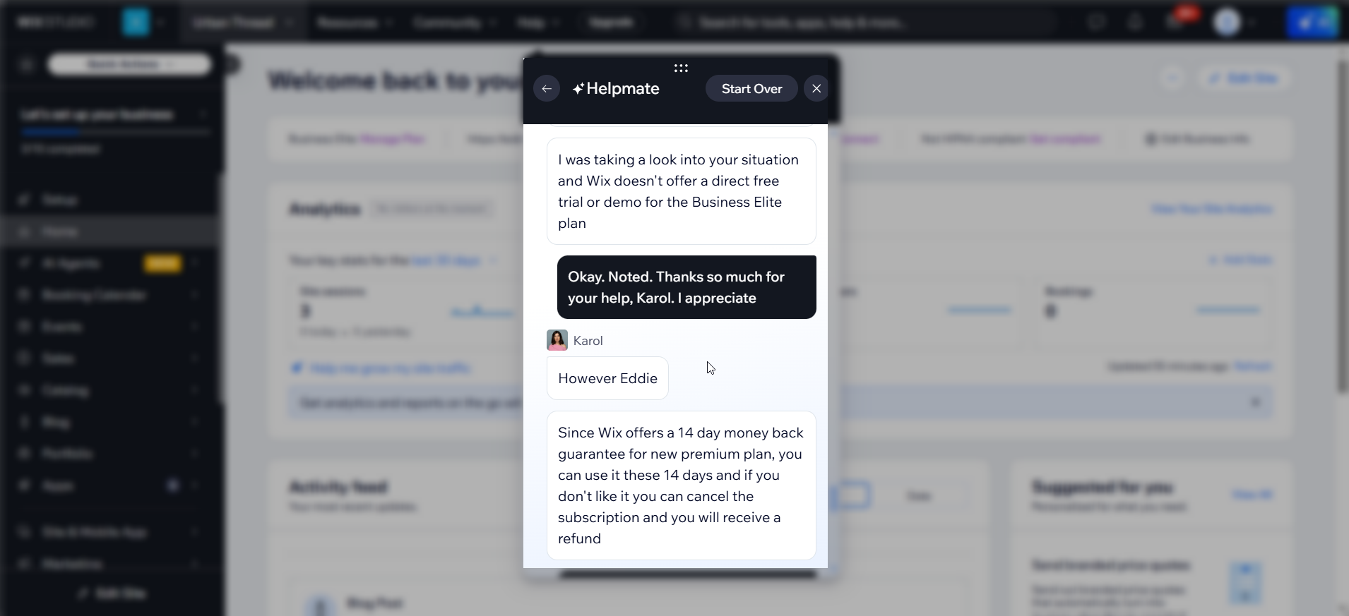 screenshot of Wix Live chat conversation