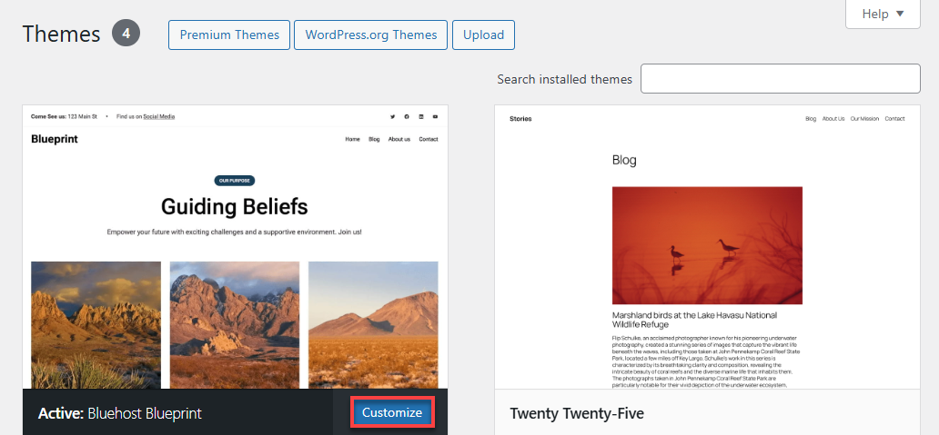 screenshot of Bluehost themes