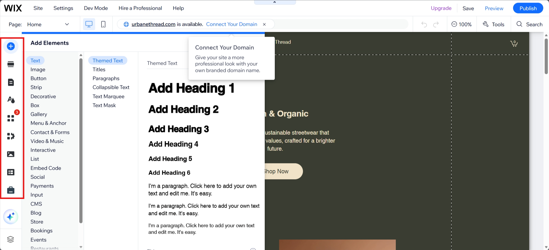 screenshot of Wix Dashboard left side bar menu