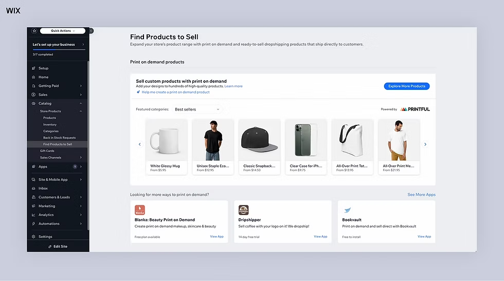 Wix“查找要出售的产品”页面截图