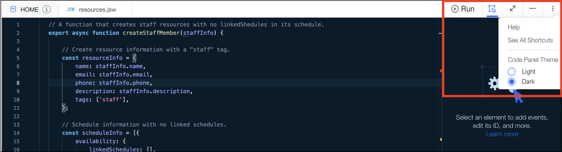 screenshot of Wix JS editor