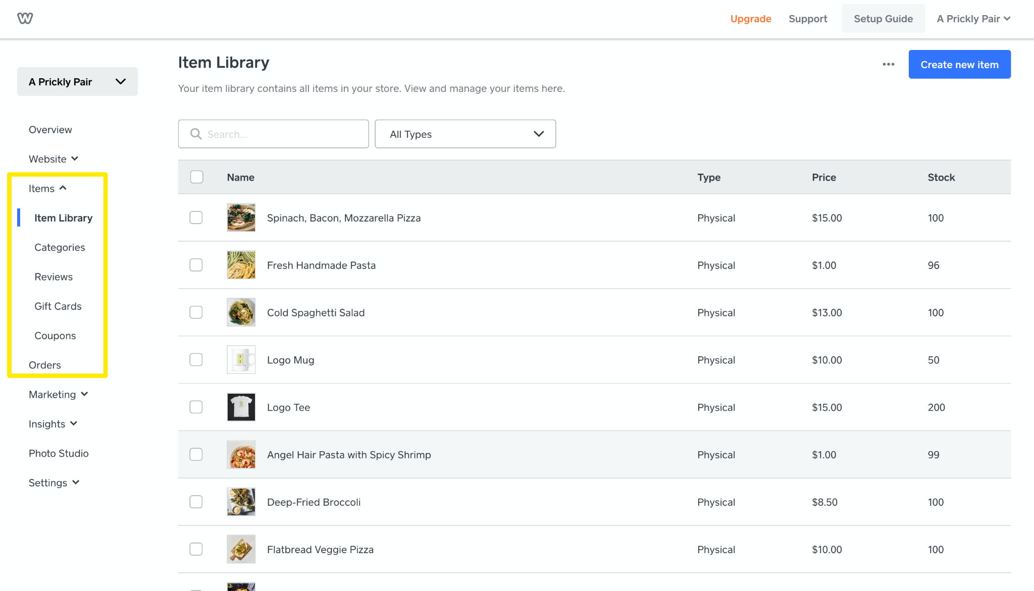 screenshot of Weebly Items left-sidebar menu