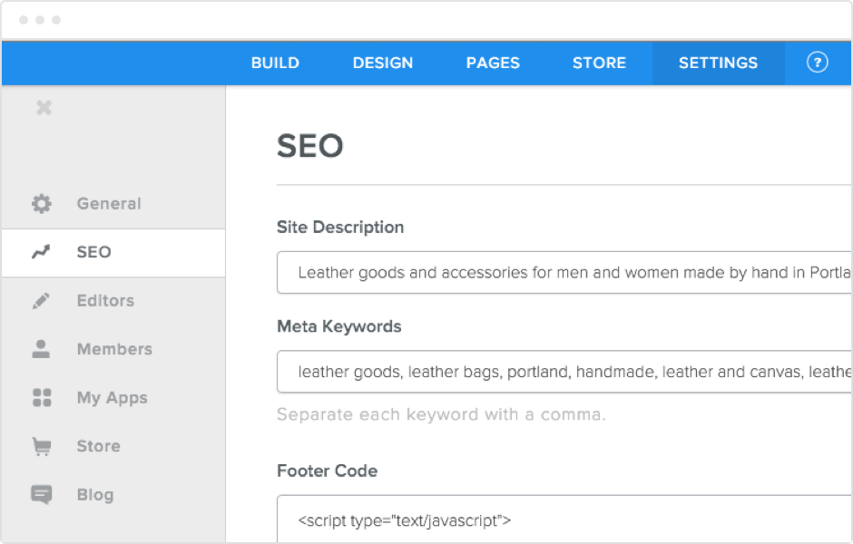 screenshot of Weebly dashboard 'SEO' page