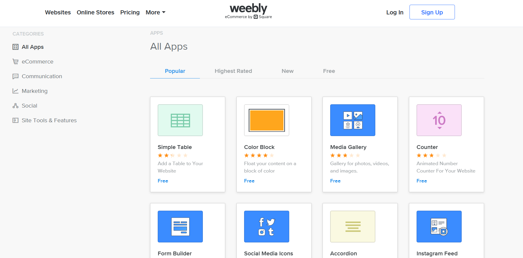 screenshot of Weebly App menu