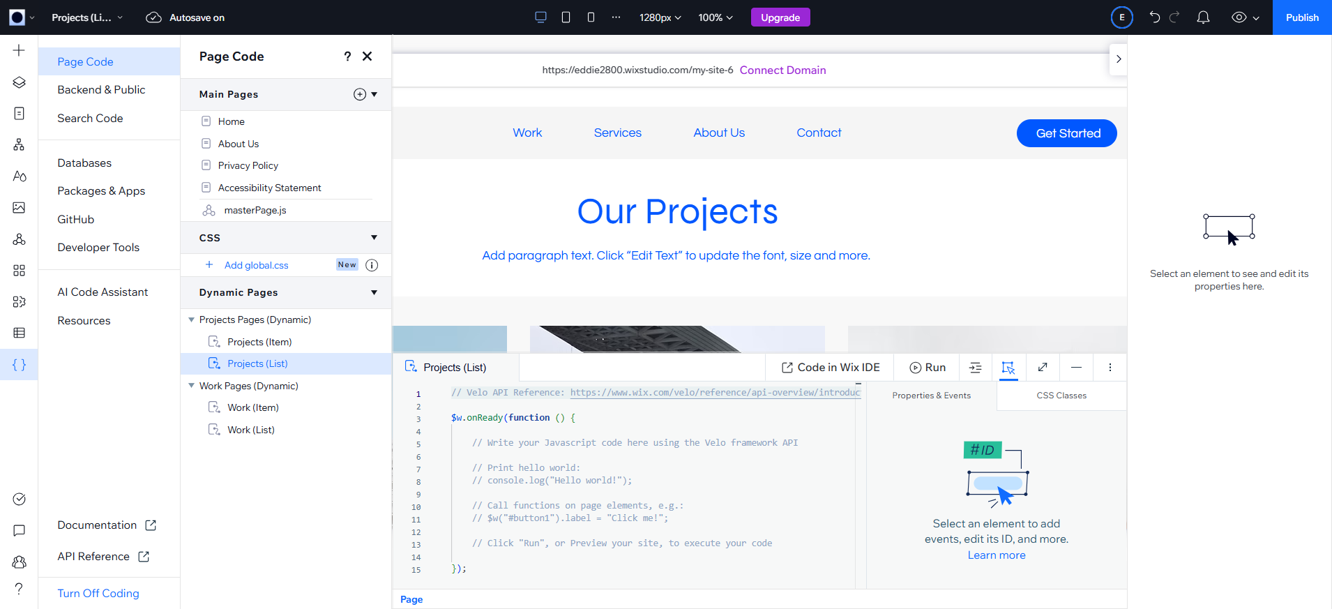 schermafbeelding van de WIX-dashboard Pagina Code