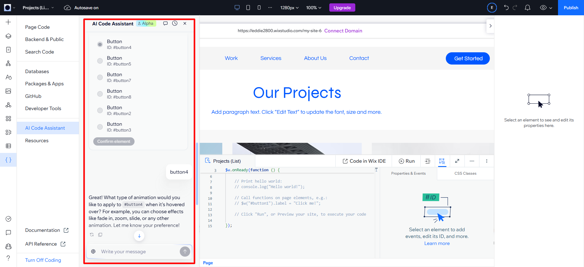 schermafbeelding van WIX AI-codeassistent
