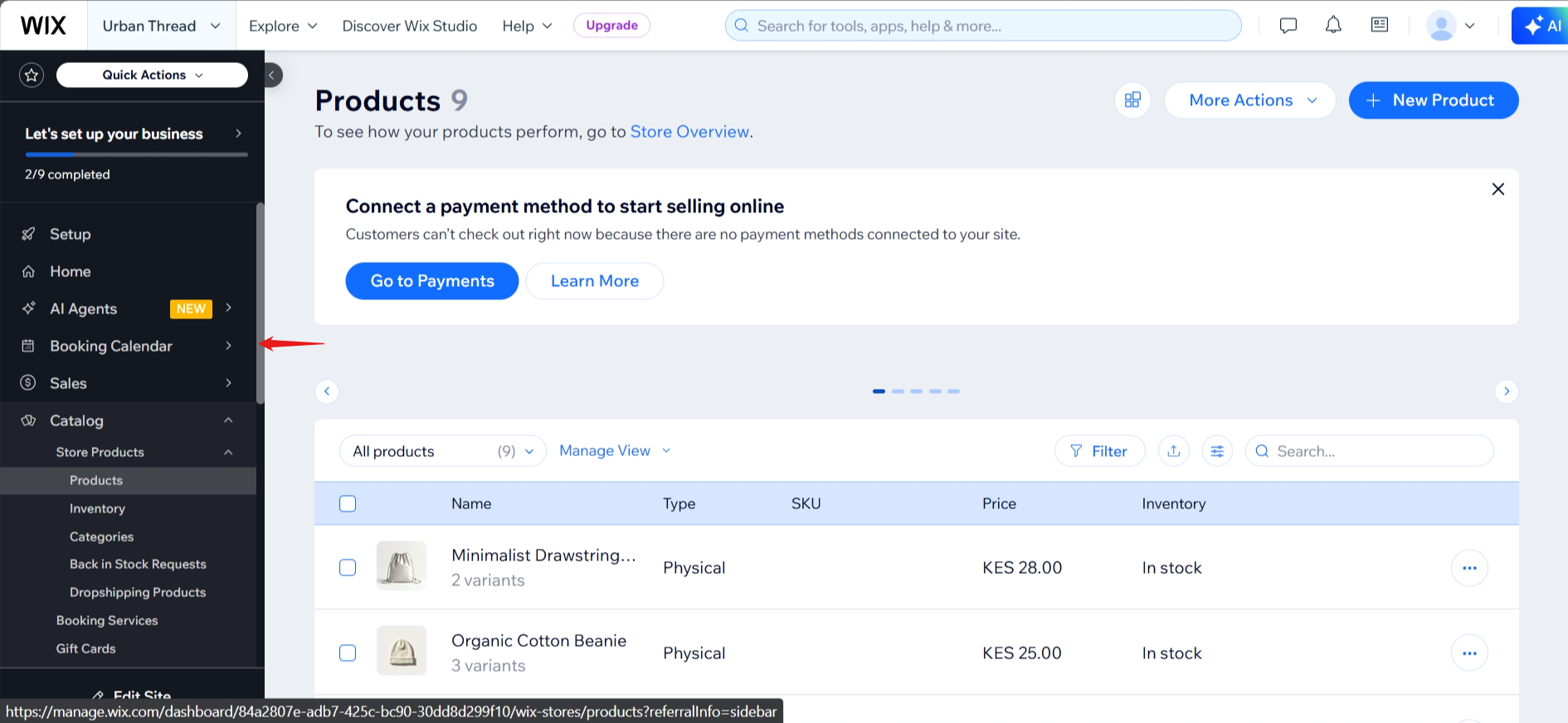 schermafbeelding van de WIX-dashboard Producten-tab