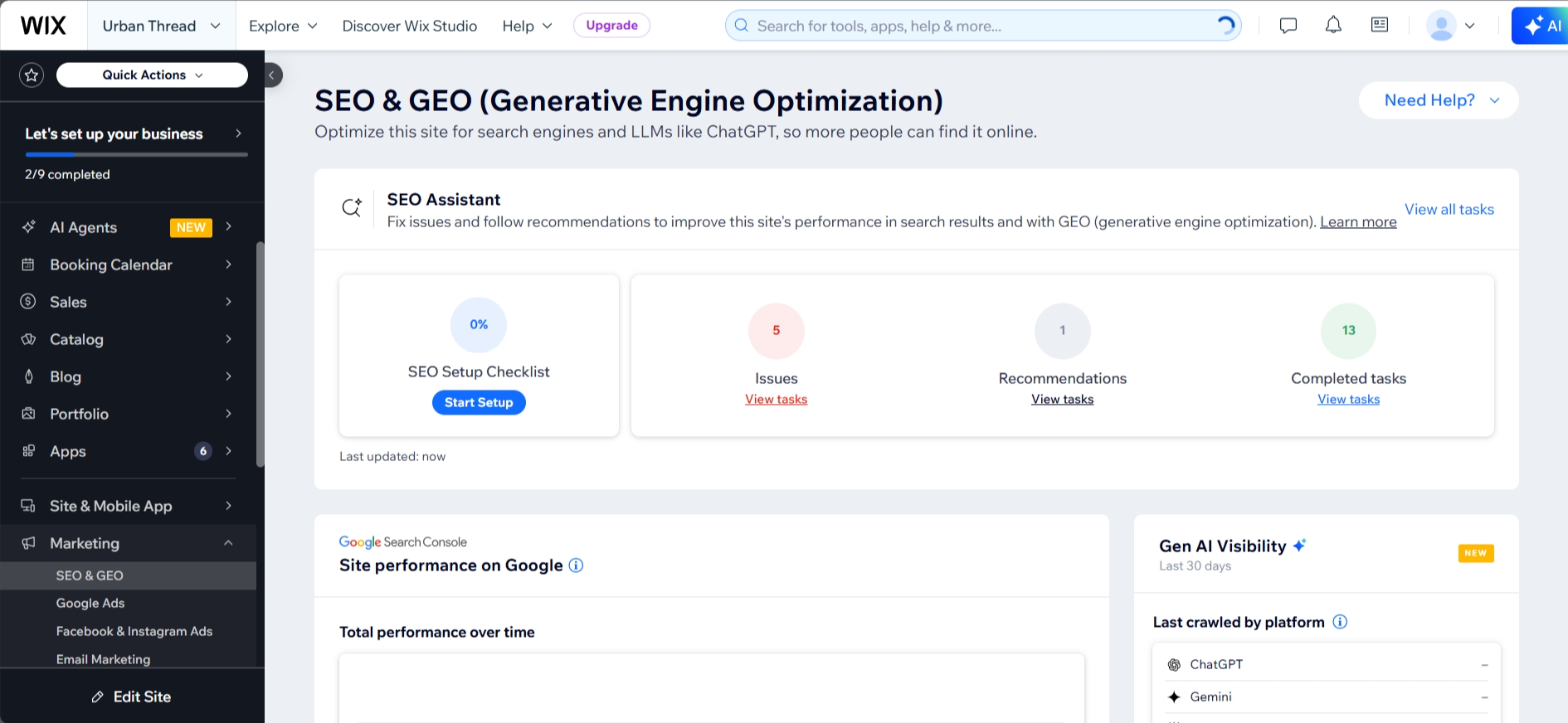 screenshot of Wix 'SEo & GEO' tab