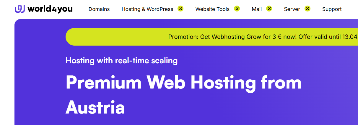 world4you homepage with hosting and domain navigation options